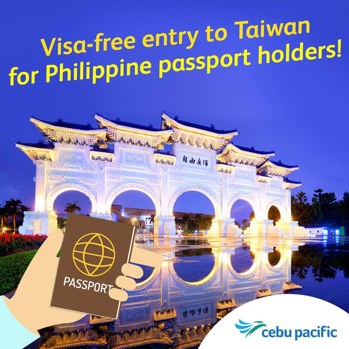 CebuPacificAir's tweet photo. #CEBNews: Filipinos may now travel to Taiwan visa-free starting Nov 1, 2017 to July 21, 2018! 

Learn more: https://t.co/ZeyoDgehcE https://t.co/84BjLVdPLe