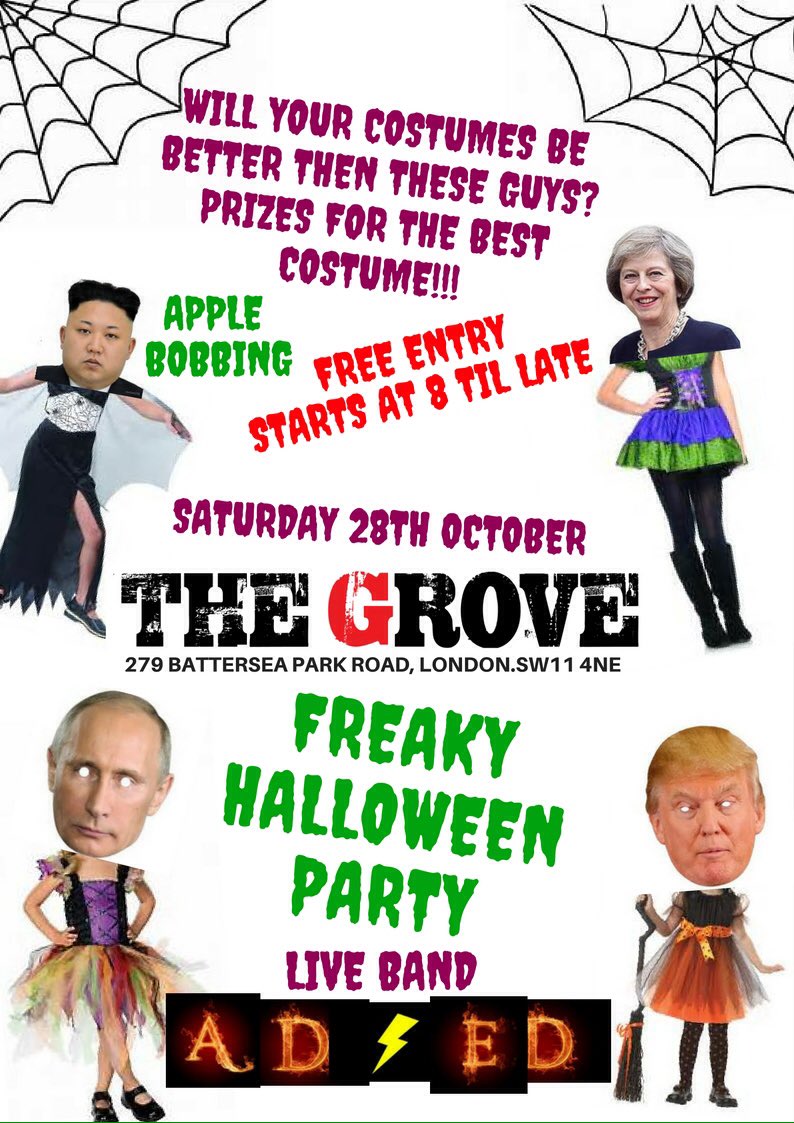 GroveBattersea's tweet photo. 🕷🦇😈 GET YOUR HALLOWEEN FREAK ON!!!👹🕸
FREE ENTRY🦇PRIZES FOR BEST COSTUMES⚡️FREE SHOTS🕷APPLE BOBBIN👻LIVE GHOULISH BAND💀
@WandsworthRadio https://t.co/Zh5awbvgSr