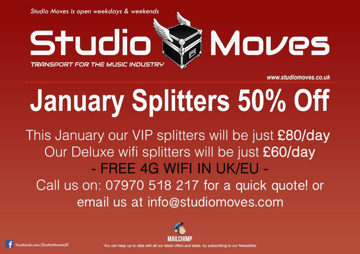 StudioMovesUK's tweet photo. @StudioMovesUK is offering 50% OFF all splitters this January 2018!
#Studiomoves #MusicMonday #bands #music https://t.co/C2E5vk0iDf