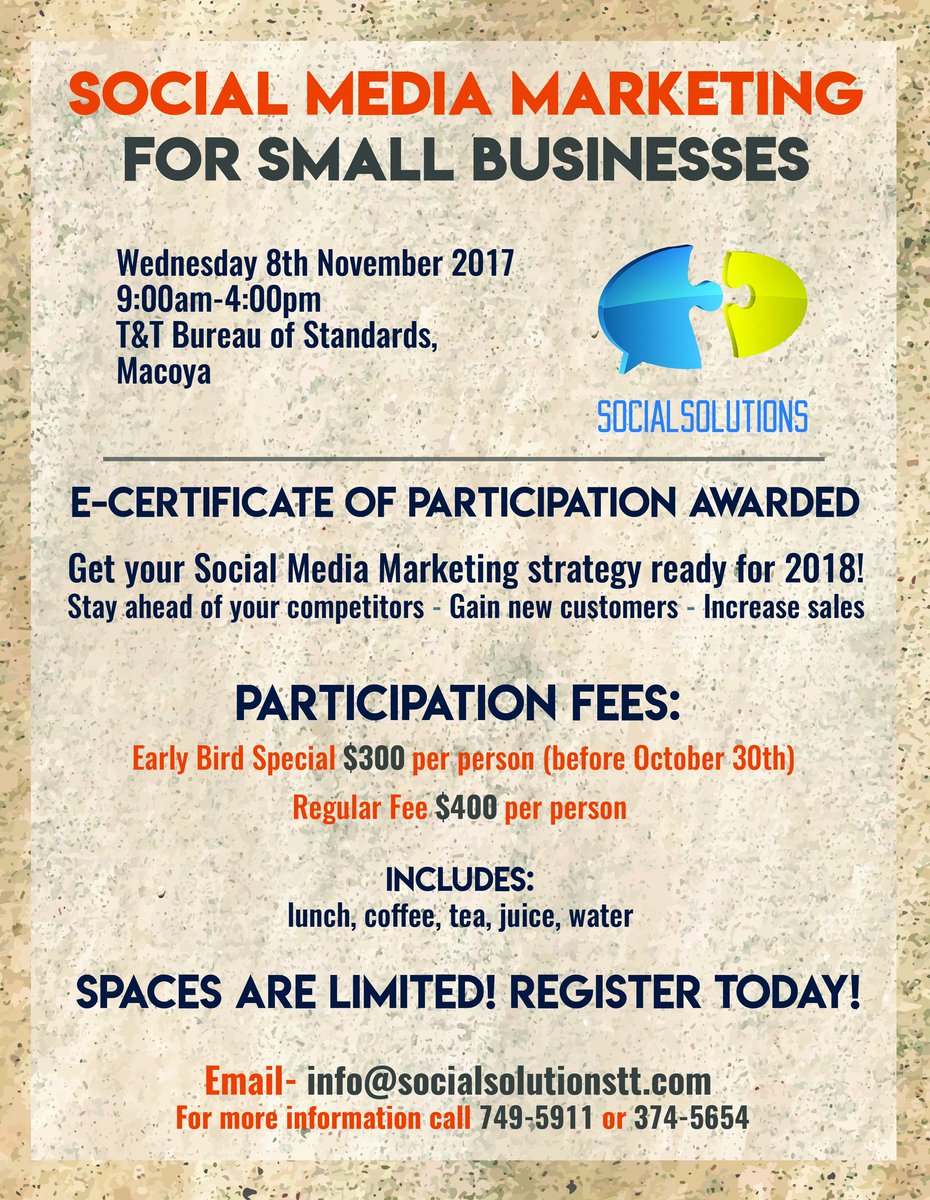 SocialSTT's tweet photo. We are ready to share our knowledge with small businesses! Register for our #socialmediamarketing workshop today! #SocialSolutionsTT https://t.co/CJnEkP450e