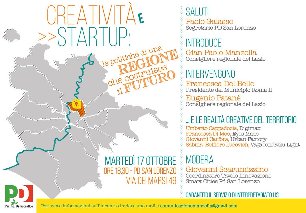 GPManzella's tweet photo. Domani il racconto di Creatività e Startup in @RegioneLazio è alle 18.30 a @PDSANLORENZO. Vi aspettiamo! https://t.co/CTd90SoFLH