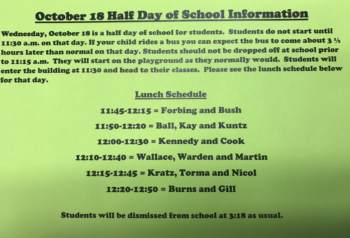 SchallElem's tweet photo. Half day of school Wednesday, October 18.  School starts at 11:30 a.m. #Schall https://t.co/zKvy148LAi