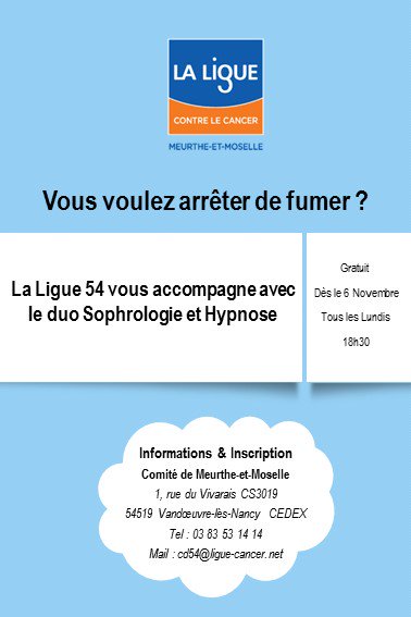 Ligue_54's tweet photo. #moissanstabac arrive ! La ligue 54 vous propose des séances de sophrologie &amp; d'hypnose pour vous aider à arrêter de fumer ! ✌️ https://t.co/ZLJF7bCq5E