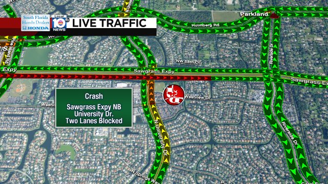CRASH: Sawgrass Expy NB & University Dr. Two lanes are blocked; expect delays. #TRAFFIC https://t.co/olipJ16TXs