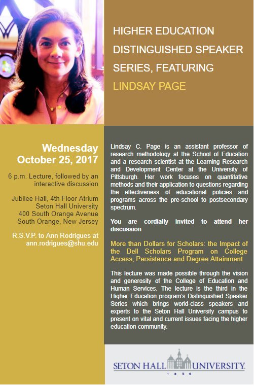 SHUCEHS's tweet photo. Come attend the College of Education and Human Services Distinguished Speaker Series given by Lindsay Page! 

RSVP to ann.rodrigues@shu.edu https://t.co/CIrlvRMGPb