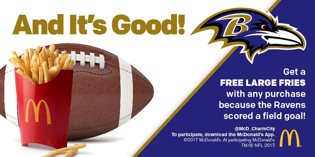 It's always good when the Ravens kick a field goal! Get FREE large fries with any purchase today, #RavensFlock