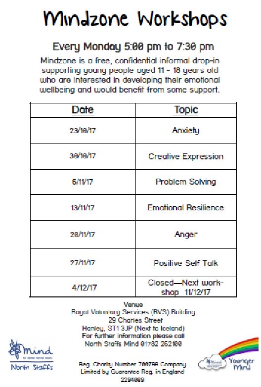 NSMindzone's tweet image. Here is an up to date timetable of our next 7 weeks at North Staffs Mindzone starting from Monday 23rd October.