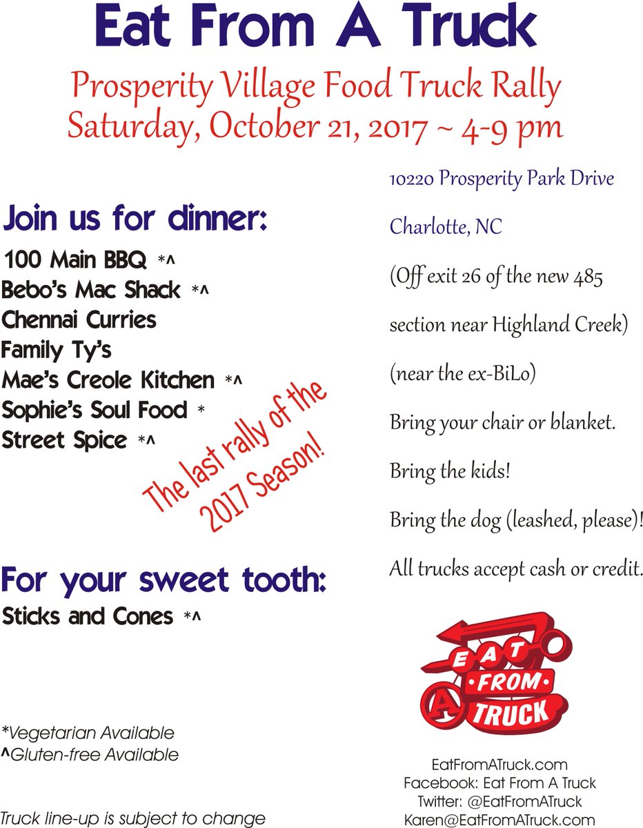 EatFromATruck's tweet photo. The final @PVAA_NC Prosperity Village Food Truck Rally is this Saturday, 10/21, from 4-9pm. Join us for a final yummy neighborhood dinner! https://t.co/iwUBLipvxx