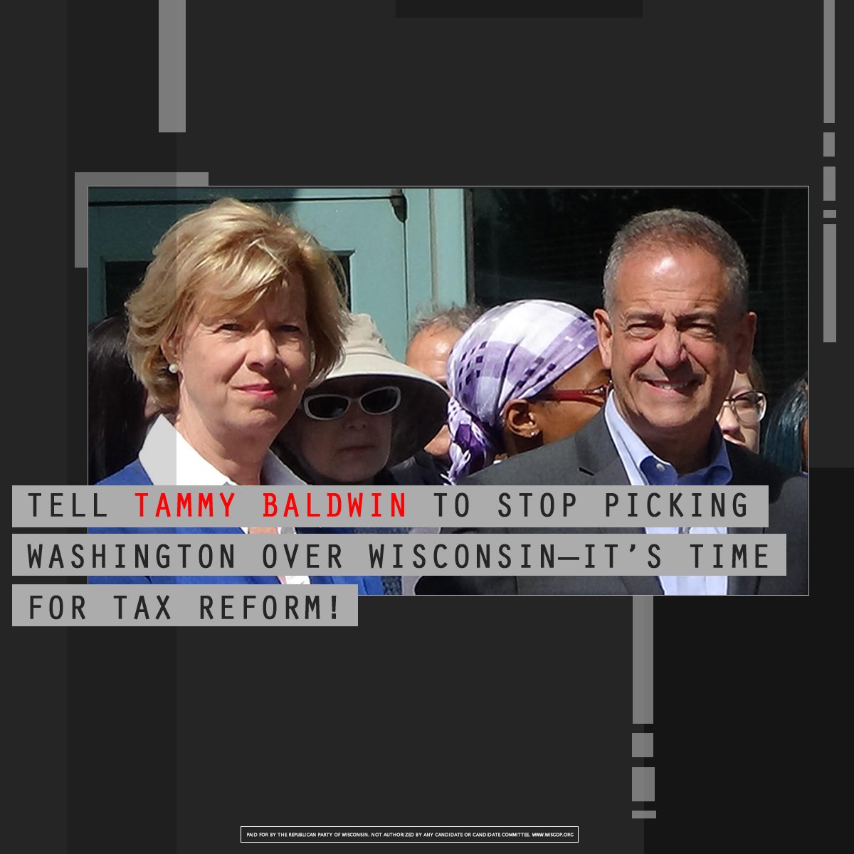 WisGOP's tweet photo. Whose side is @SenatorBaldwin on? She has voted in favor of higher taxes and fees more than 400 times—picking Washington over WI! https://t.co/MBqNBms5Q4