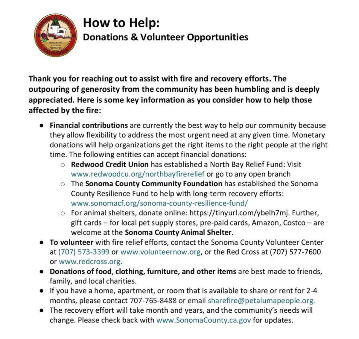 MediaOne_Live's tweet photo. Volunteer and donations guidance issued this morning. #californiawildfires Please share. https://t.co/YXmM0XOXyl