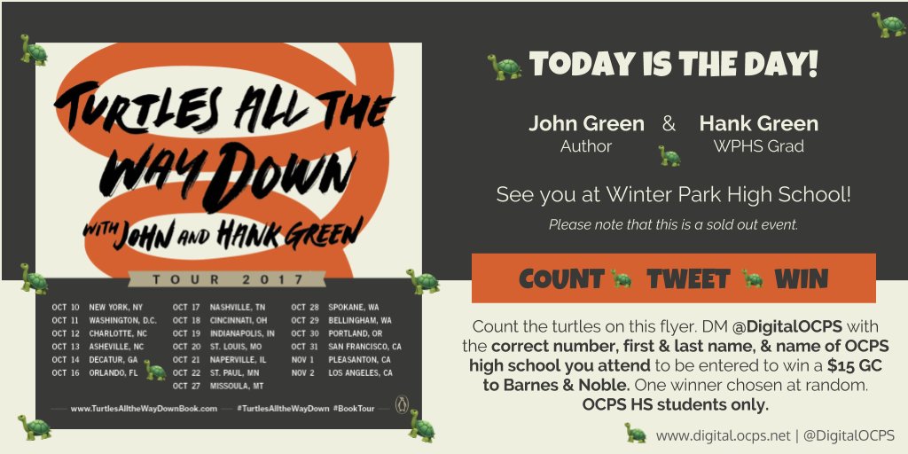CPLocps's tweet photo. 🐢We are so excited to see @johngreen &amp; @hankgreen at @WPHS_OCPS tonight 🐢🐢🐢@OCPSnews we've got a 🎁💳 for 1⃣HS student - see pic for details 🐢 https://t.co/WcfmPrSTPZ