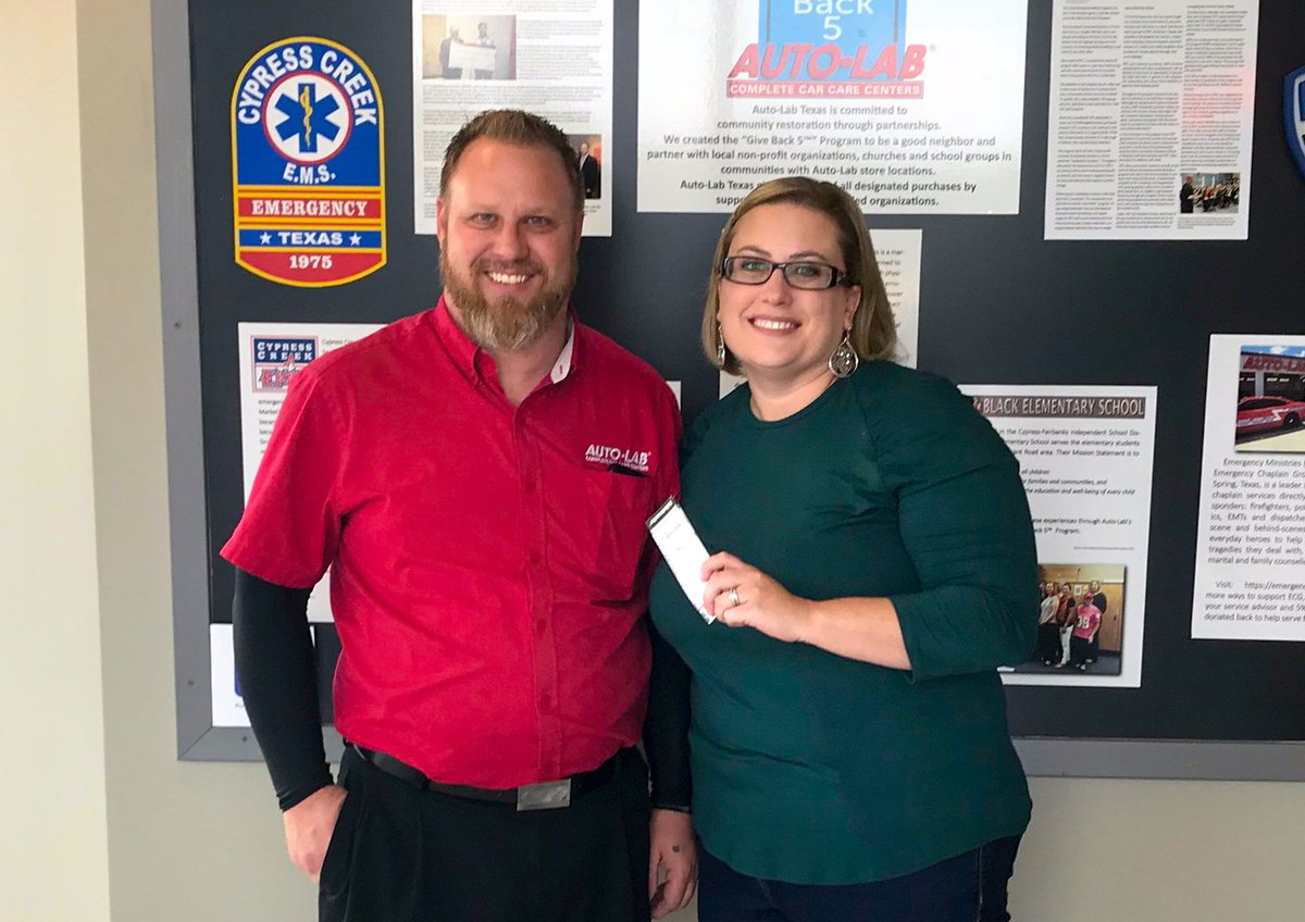 AutoLabTexas's tweet image. Store Manager Jeff Adams presenting Monster Jam tickets to the drawing winner and our friend Colleen.