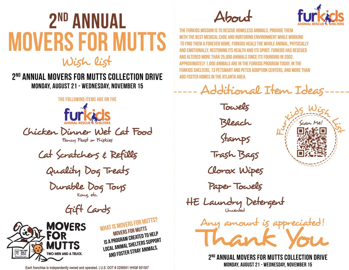 PawPatchGA's tweet photo. We are a drop off area for the #MoversForMutts @TwoMenAndATruck collection drive. We need donations of food &amp; supplies to help @furkidsinc. https://t.co/Rb8zfzJoob