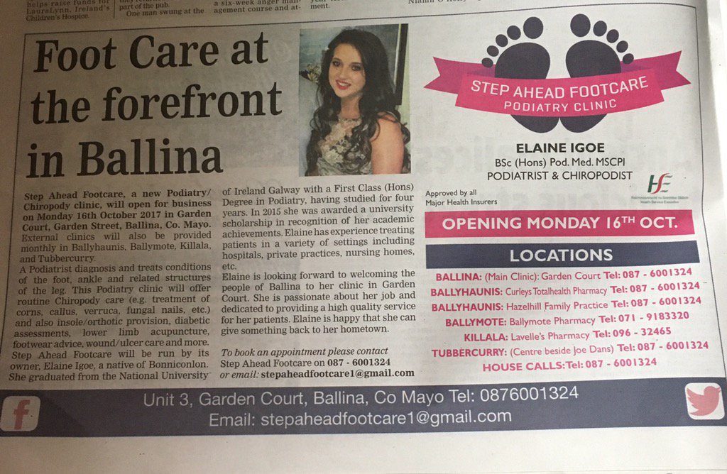 StepaheadFootc1's tweet photo. For anyone who braved the elements and picked up @WesternPeople, ✨Step Ahead Footcare✨ is featured on page 24👣☺️ https://t.co/6n6sUvpXfs