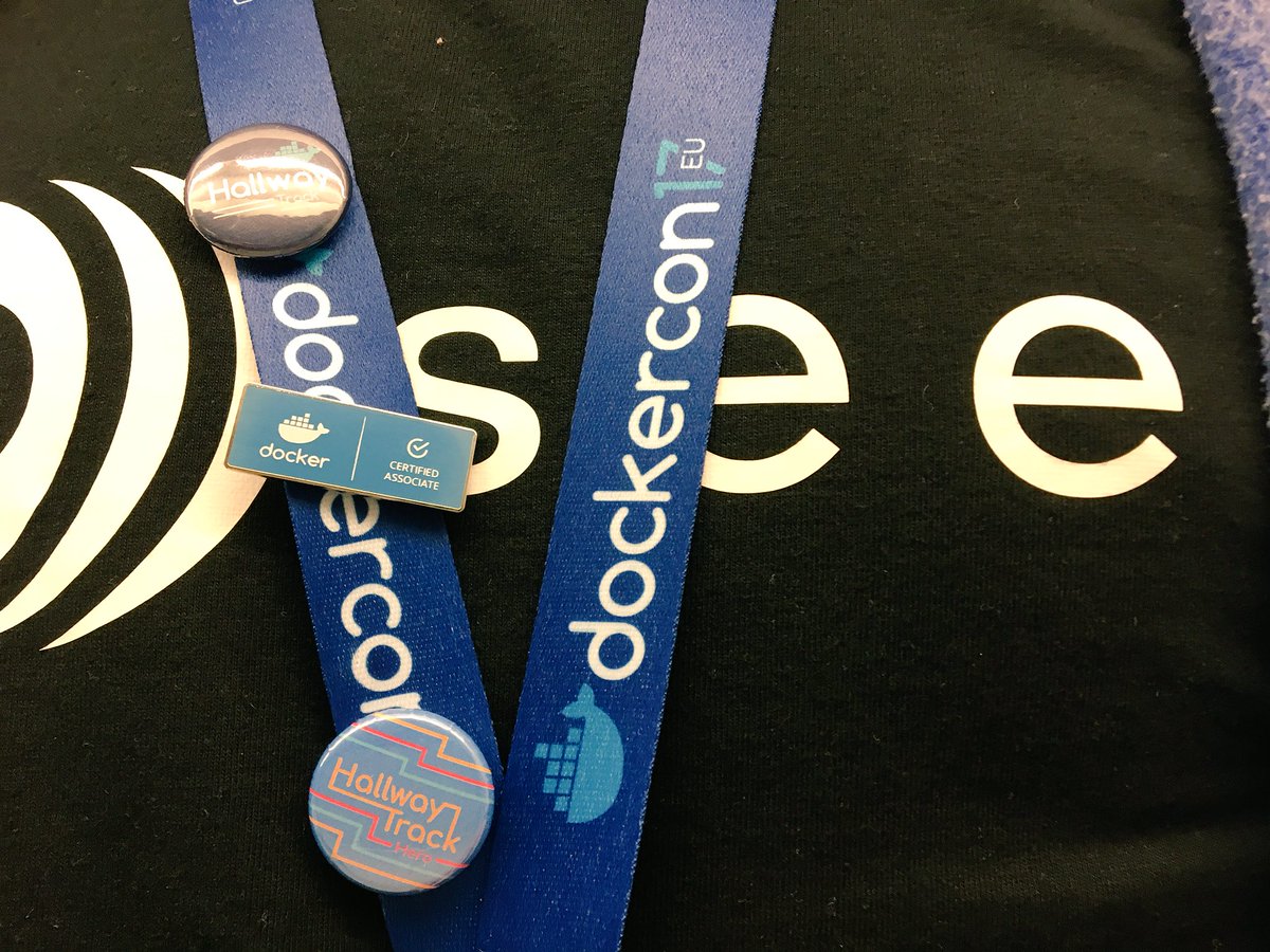JannisSchaefer's tweet photo. Now officially #dockercertified! In related news I also got an #hallwaytrack hero pin on the first day of #dockercon ๐ https://t.co/q2WNDg2IgE