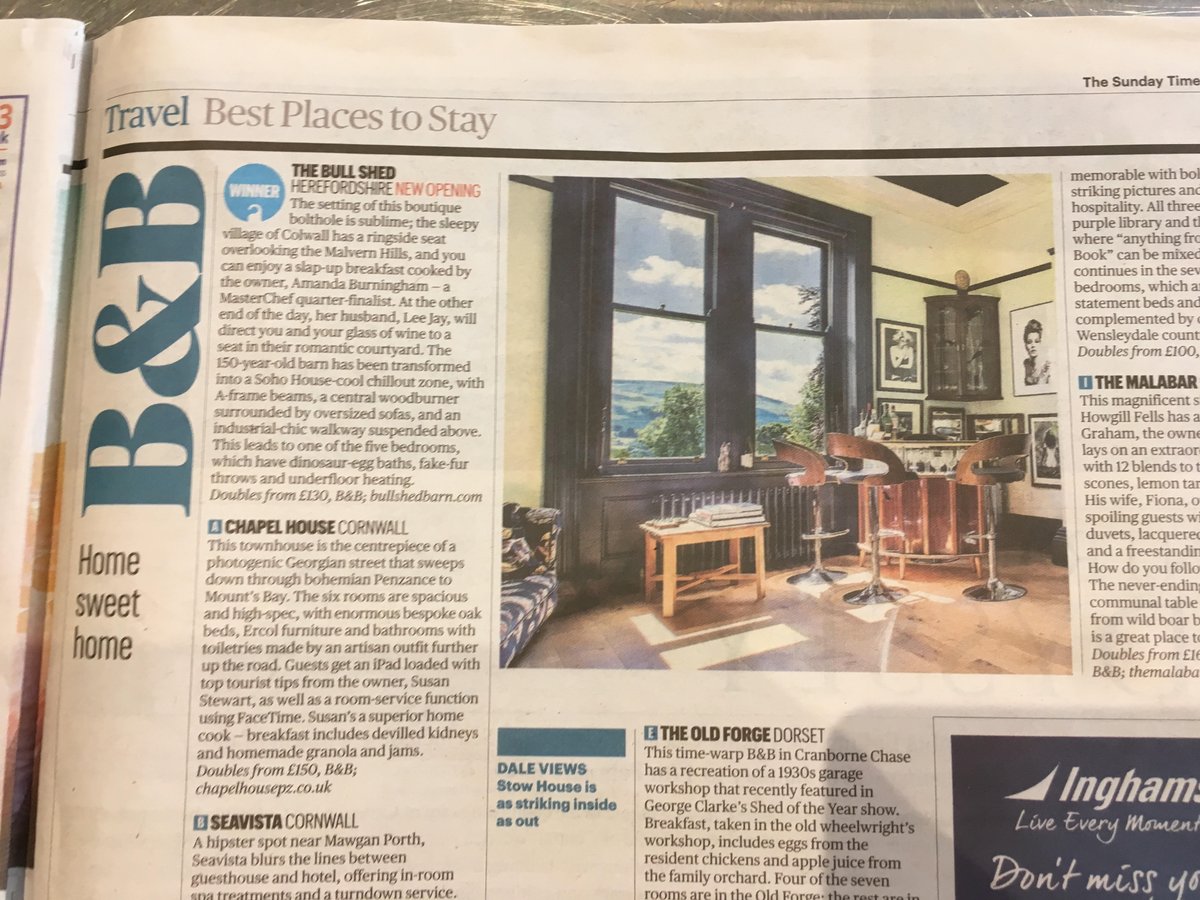 Nice mention in the Sunday Times '100 Best Places to Stay' #yorkshiredalaes #SundayTImes #100bestplacestostay
