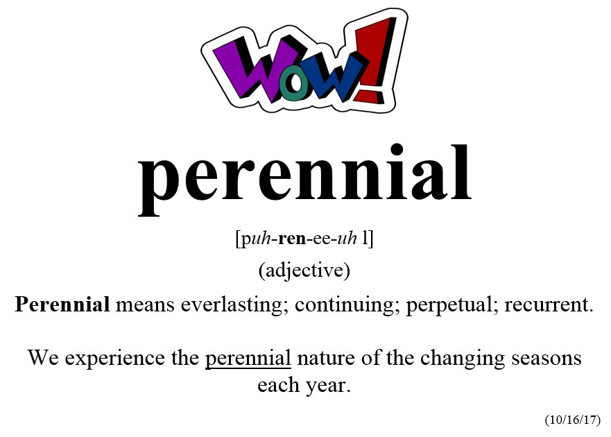 MrsDoyleTweets's tweet photo. @muhlsd The WOW Word for the Week of Oct 16 is PERENNIAL #WOW #vocabulary #WordoftheWeek #CommunicationMonday https://t.co/YmT1HmnR4Q