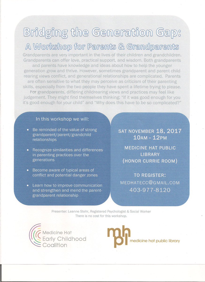 MedHatECC's tweet photo. Join this workshop for parents and grandparents to learn more about bridging the gap between generations! https://t.co/Cl8dO2yYUN