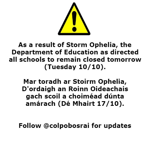 tyosrai's tweet photo. CLOSED AGAIN TUESDAY 17th Oct –De dheascadh Stádas aimsire dearg ní bheidh an scoil oscailte amárach @ColPobOsrai @NAPD_IE https://t.co/OINtnAvVpd