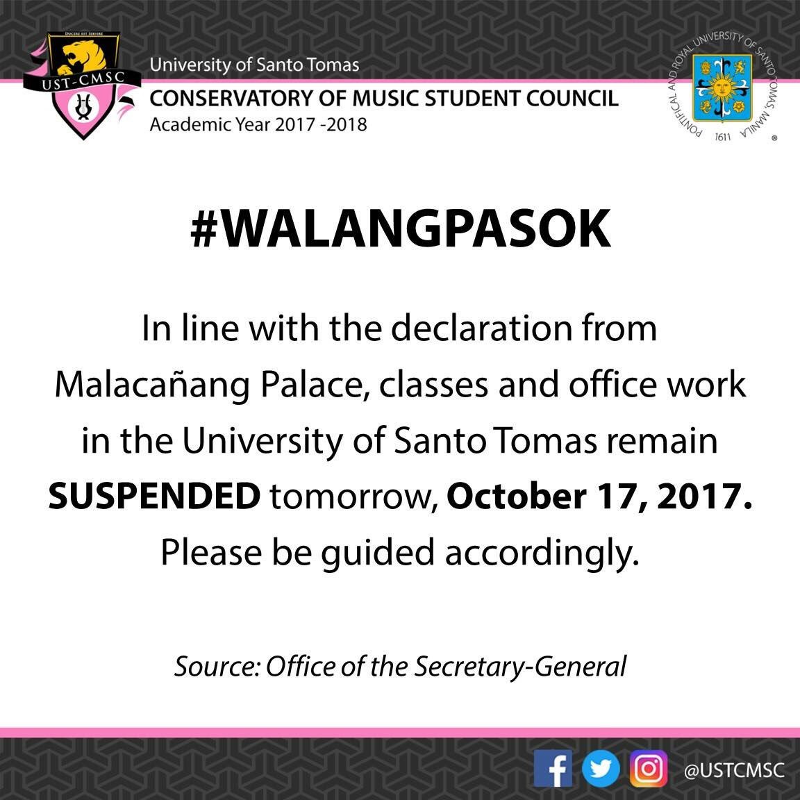 ustcmsc's tweet photo. #CMSCAdvisory #WalangPasok
Classes and office work in the University of Santo Tomas remain SUSPENDED tomorrow, October 17, 2017. https://t.co/CotW2yJvS0