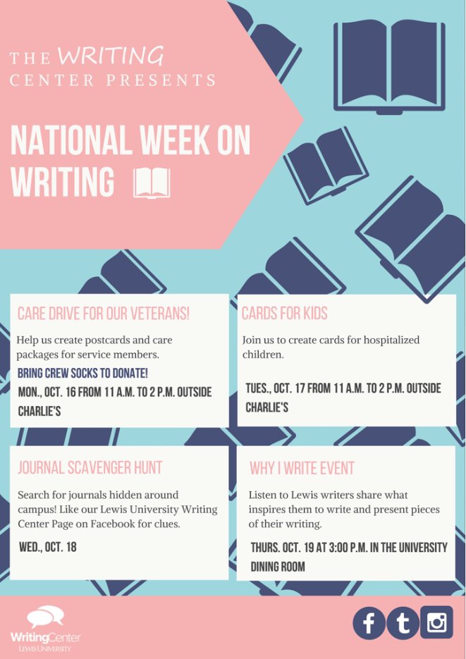 LewisUniversity's tweet photo. .@WritingCenterLU's #NationalWeekOnWriting events commence today! Write a postcard to the men and women who serve our country today! https://t.co/7eHfLHRZJW