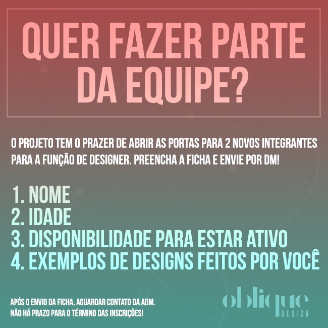 obliquedsgn's tweet image. VAGAS ABERTAS! 

Preencha a ficha corretamente e nos envie por DM! É necessário ter conhecimento básico em PS.