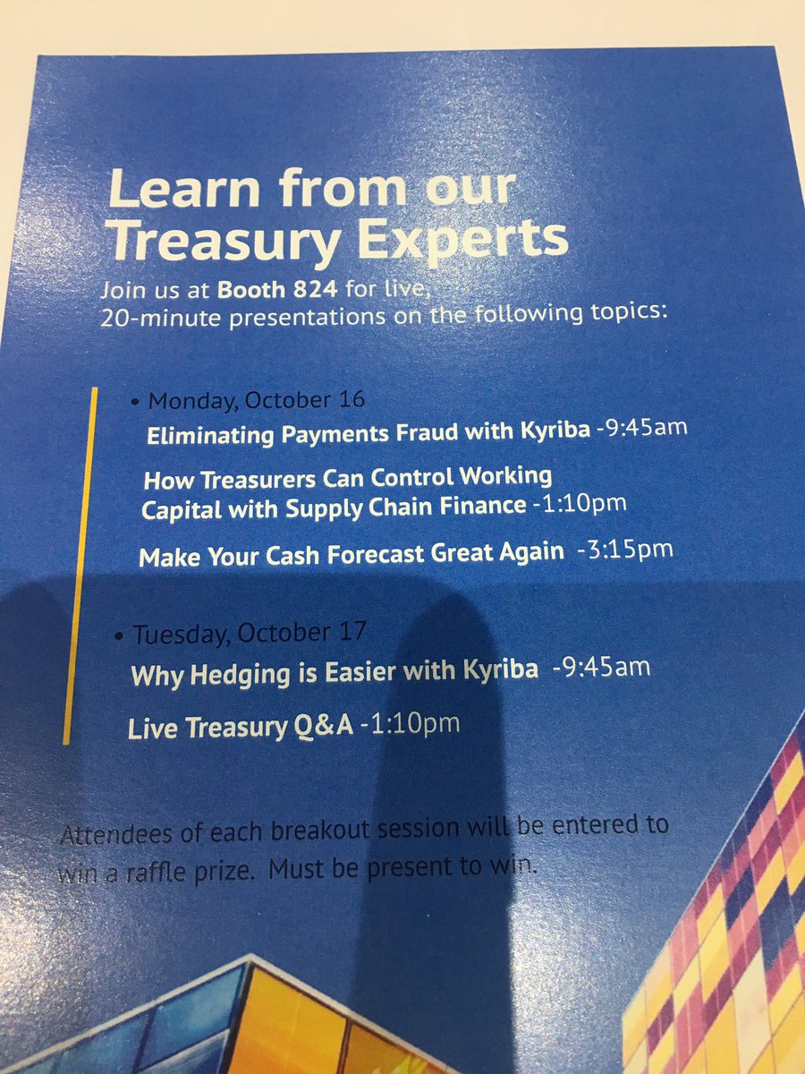 kyribacorp's tweet image. #AFP2017 -- learn how to eliminate #payments fraud with #Kyriba, presentation at booth 824, 9:45 am, Oct. 16