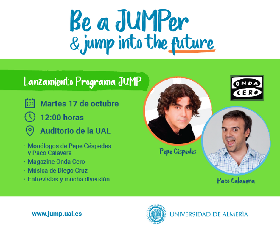 AulaMagna's tweet photo. Tenemos una cita en @ualmeria mañana 12h en auditorio UAL 2ª edición del Programa JUMP. ¡No faltes! #beajumper #jumpintothefuture #jumpual https://t.co/S8qeZkGRUl