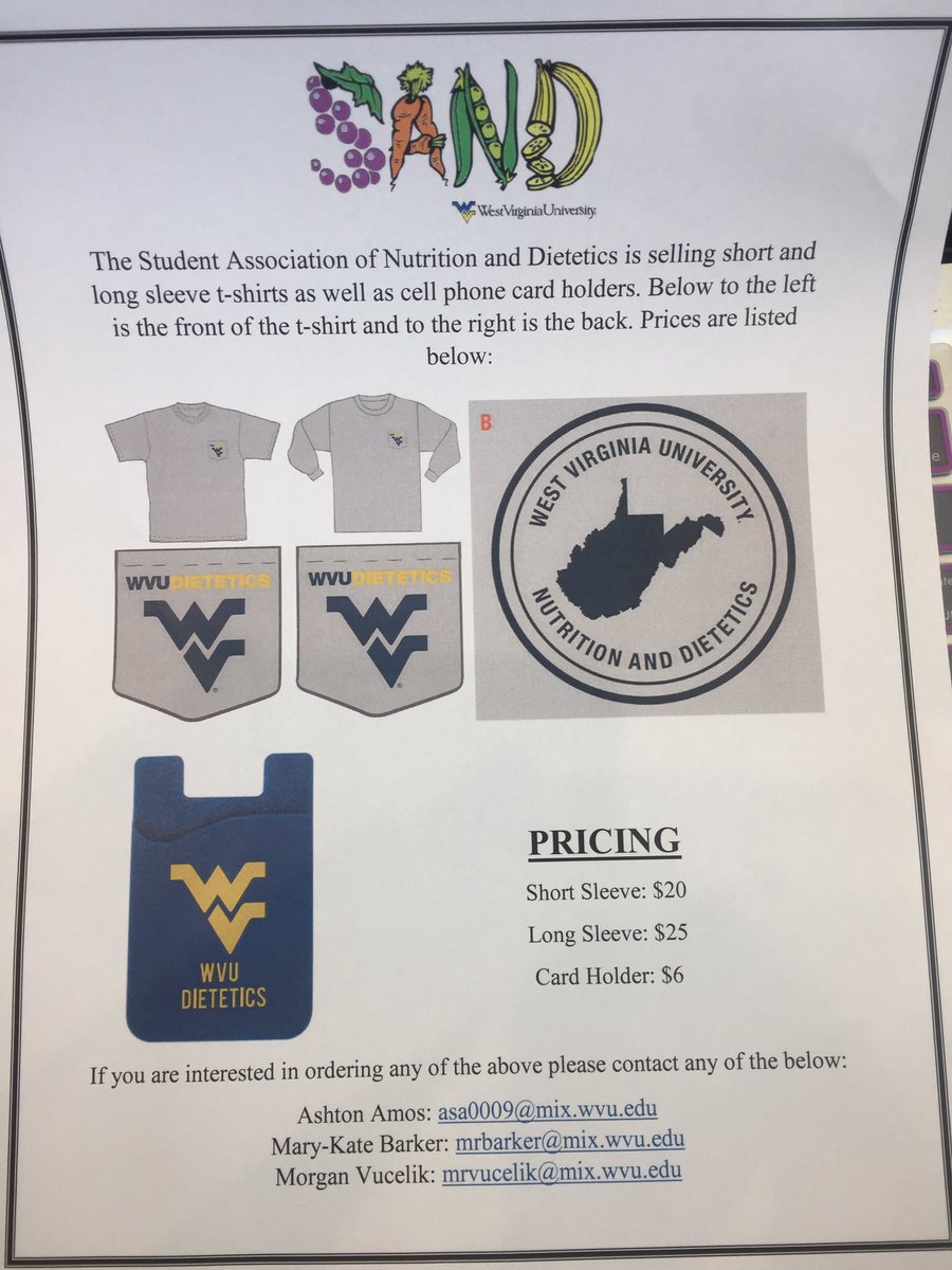 WVU_SAND's tweet photo. Hey followers! SAND club is selling short/long sleeve shirts &amp; cell phone cards holders! Please email the contacts on paper if interested! 😀 https://t.co/RdLWRvofbo