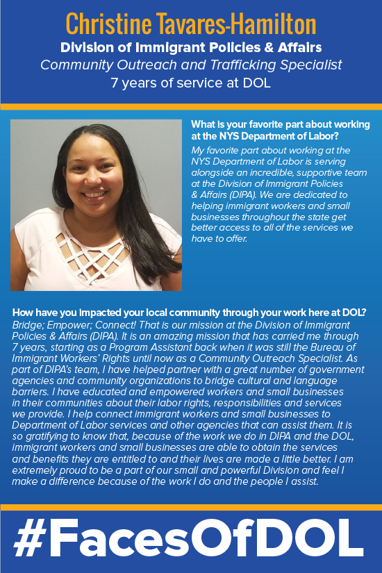 NYSLabor's tweet photo. Happy Monday! Check out our latest #FacesOfDOL nominee, Christine Tavares-Hamilton! https://t.co/f9gShsHLGr