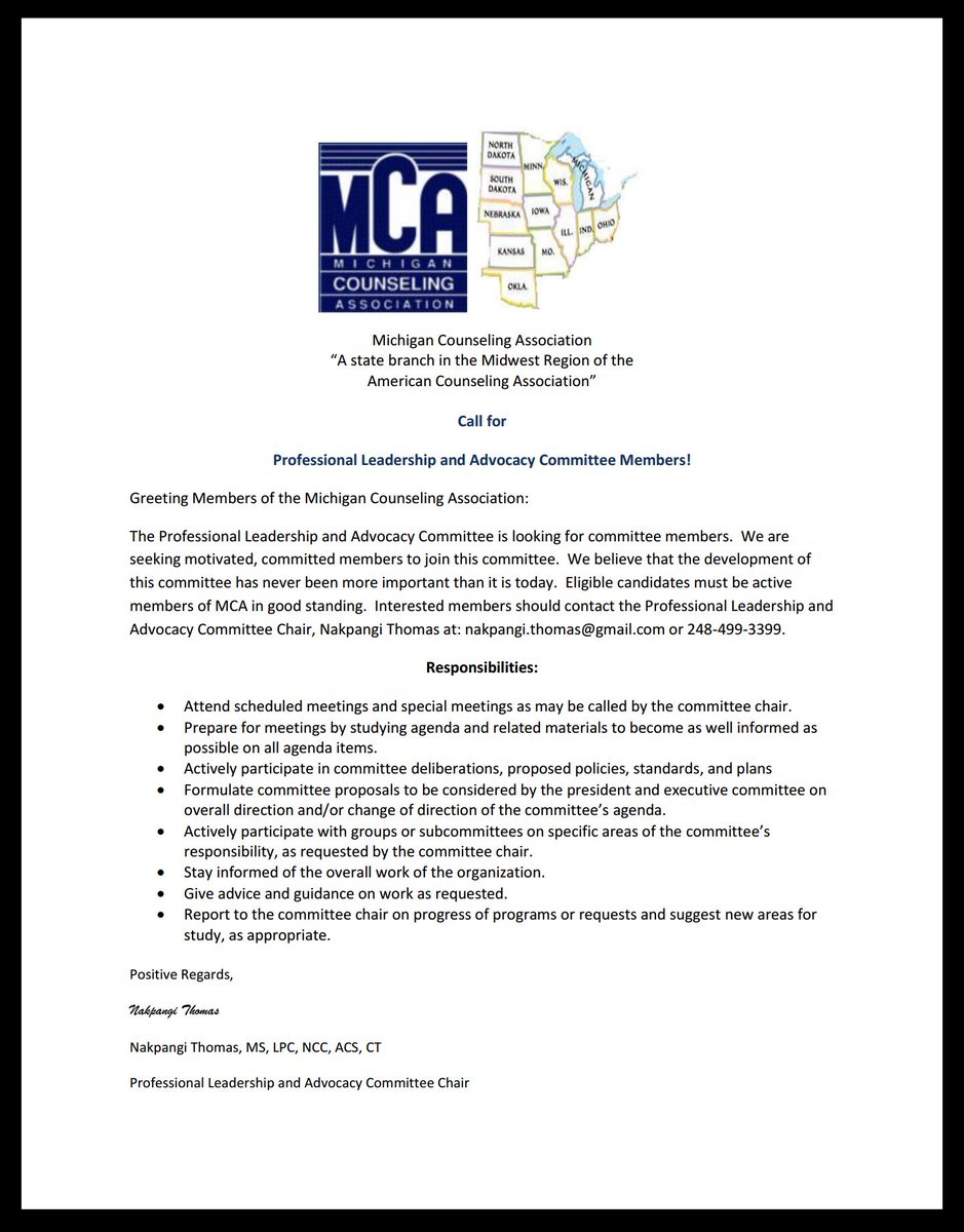 MichCounAssc's tweet image. Are you interested in joining the Professional Leadership and Advocacy Committee? See the attached flyer for further information.