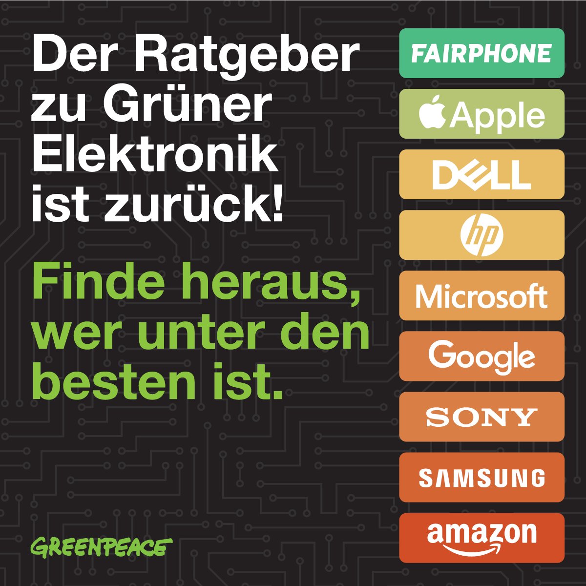 greenpeace_de's tweet photo. Apple oder Samsung? Huawei oder HTC? Wer macht wirklich grüne Elektronik? Hier steht's: https://t.co/SisMvhUwMB #GreenerGuide #RethinkIT https://t.co/cQKMnM1lFP