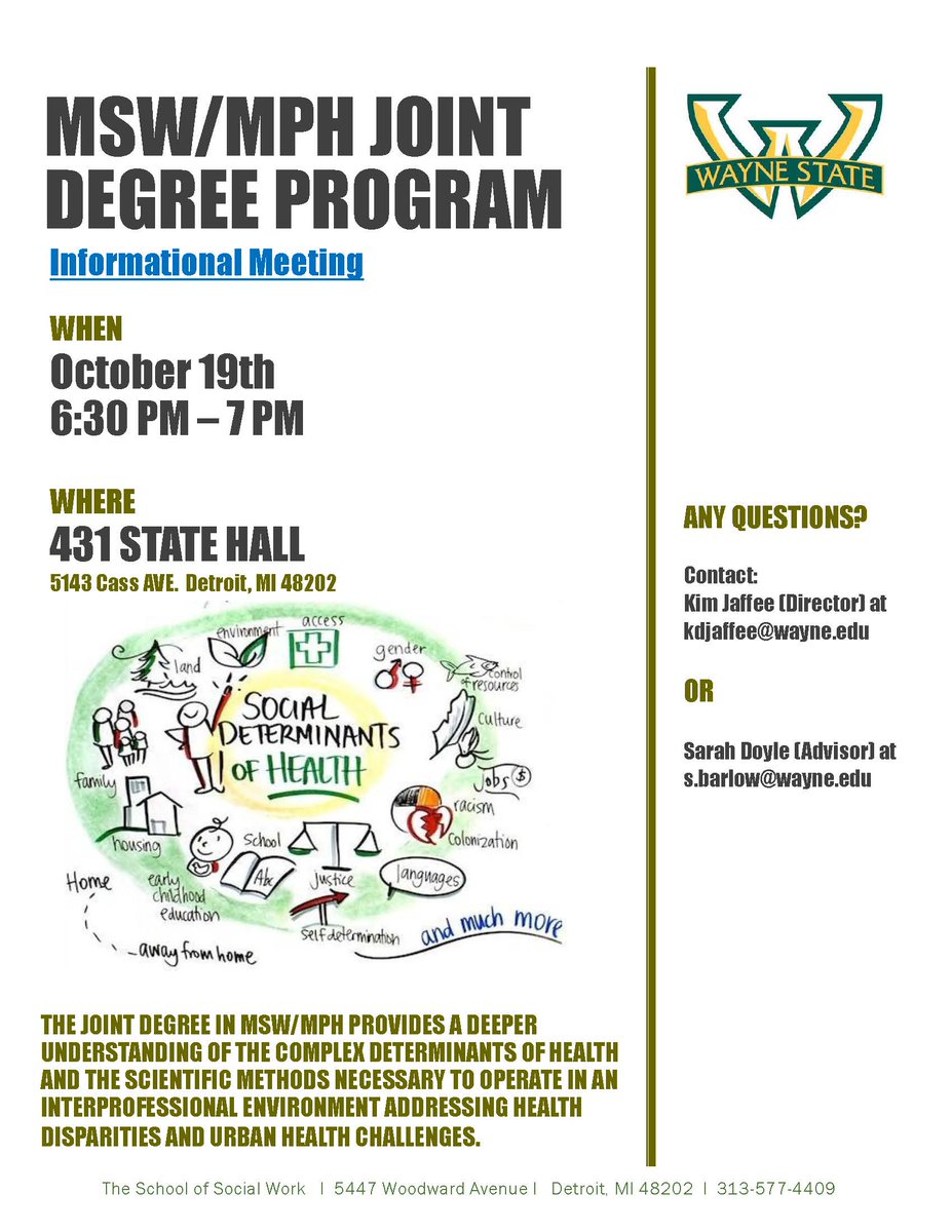 WSU_Social_Work's tweet image. Join us at the joint Master of Social Work and Master of Public Health (MSW/MPH) Degree Info Session Oct. 19th, 6:30 pm in State Hall #431.