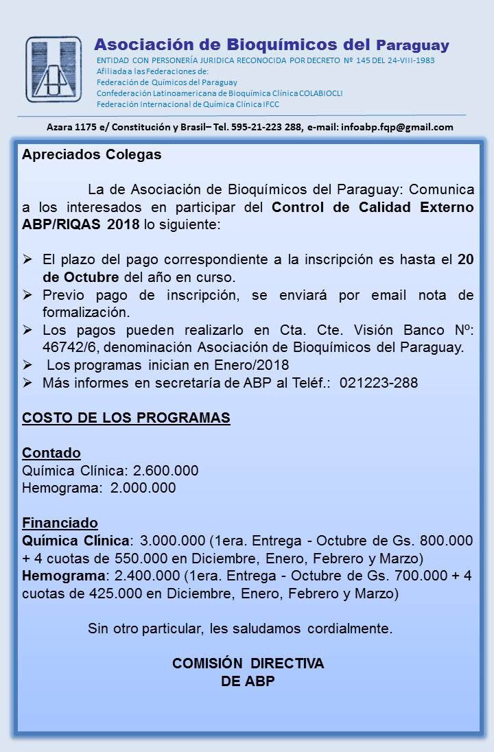 CONTROL DE CALIDAD EXTERNO ABP/RIQAS 2018! 🔬💉📋👩🏻‍🔬
Plazo de Inscripciones: 20 de Octubre del 2017.