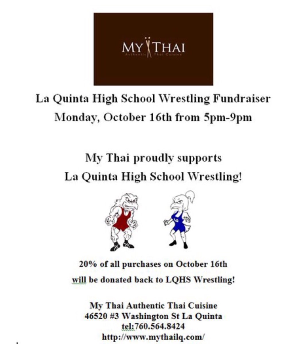 coachFL0's tweet photo. It's MONDAY 🙏🏽 and I know you don't want to cook OR do dishes SO... support #LQWRESTLING and dine out at My Thai!! 20%  to the team! 🤼‍♂️ https://t.co/z7JWMsNgLT
