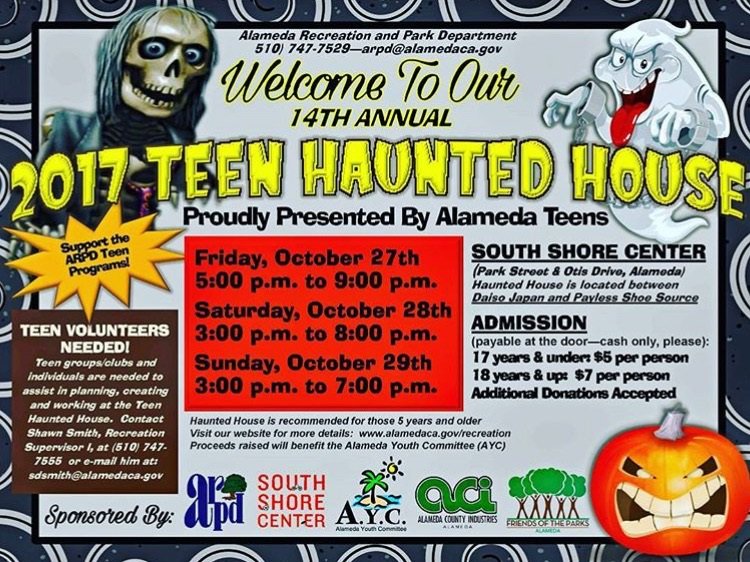 alameda_connect's tweet photo. Alameda Parks &amp; Rec needs teens to help create and work the 14th Annual Teen Haunted House! Call Shawn Smith 510.747.7555 for details. https://t.co/5bVixjYK9L