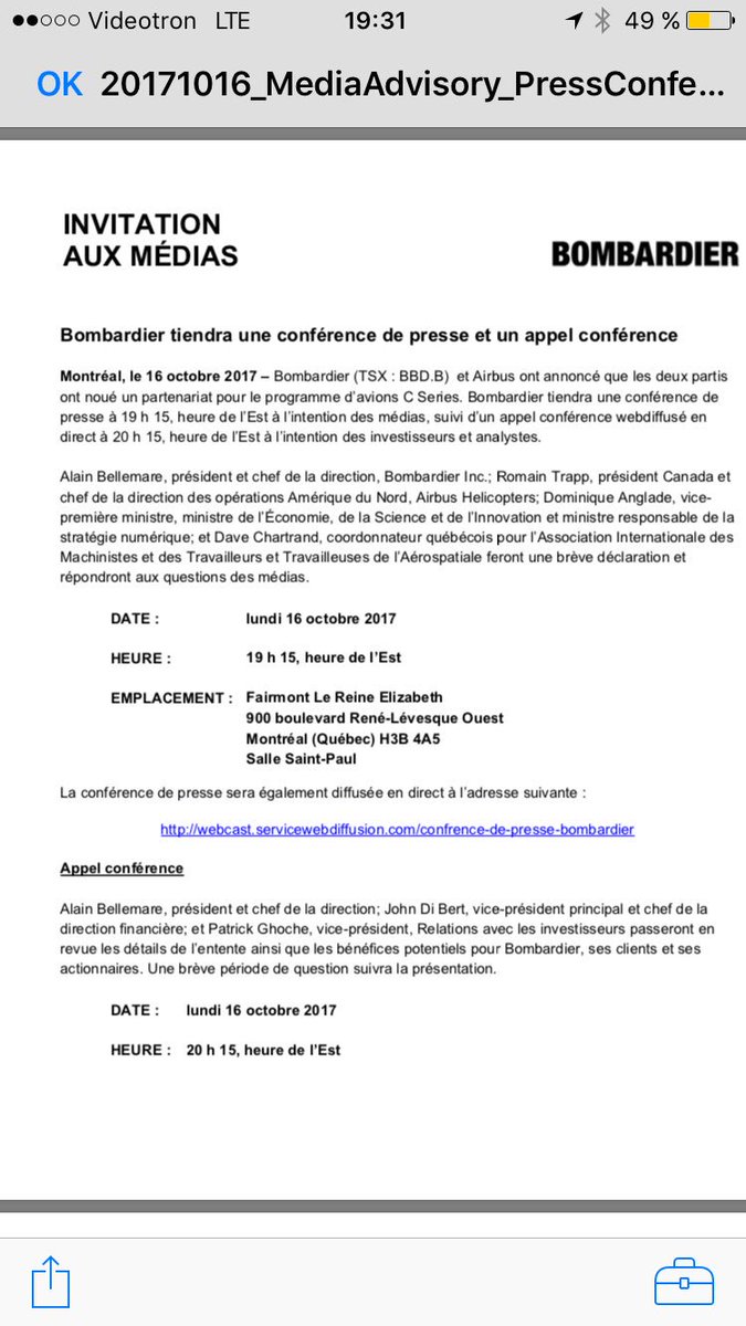 PYMcsween's tweet photo. Bombardier m'envoie une convocation à 19h11 pour une conférence au centre-ville à 19h15. #ne pas vouloir répondre aux questions https://t.co/Dr0R4y5IRH