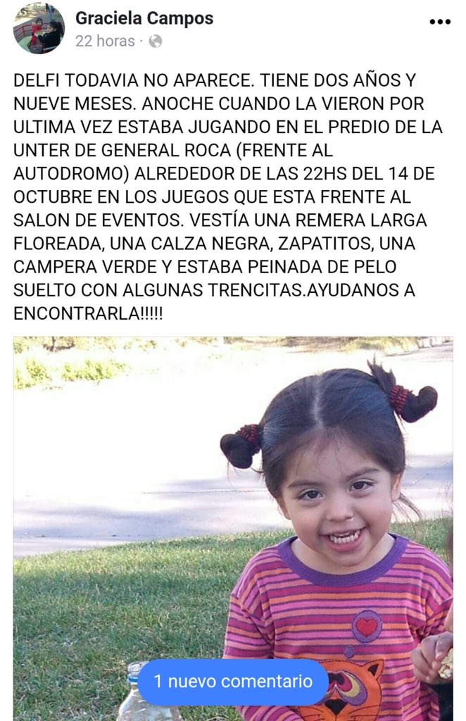 camucha4's tweet photo. Buscamos a Delfina Aciar de 2 años desapareció  el 14/10 en General Roca. Si tenes información 0800-333-5500 Difundir por favor https://t.co/enWHQSOf3D