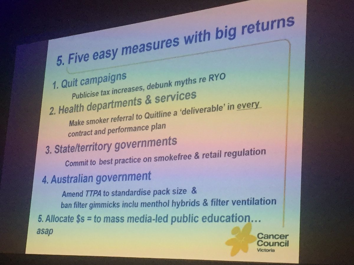 WePublicHealth's tweet photo. 5 easy measures with big returns for tobacco control: Michelle Scollo #OTCC2017 https://t.co/fg0ZDU2uQZ