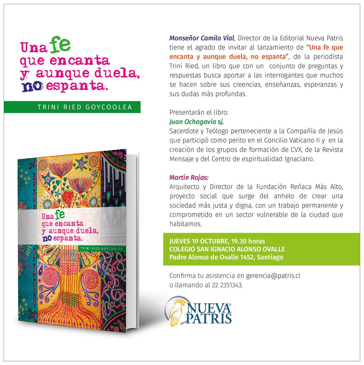 NuevaPatris's tweet photo. Los invitamos para este jueves, a las 19:30 horas, en colegio San Ignacio Alonso Ovalle a lanzamiento de nuevo libro de Trini Ried. https://t.co/QQ6lmrbKOy