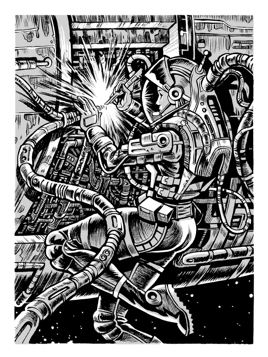Tim_Switalski's tweet photo. Space Mechanic! #inktober #ish #ink #drawing #space #mechanic #astronaut #girl #spacegirl #9to5 #allinadayswork #halftone #pentel #brushpen https://t.co/oXWpHl5f7q