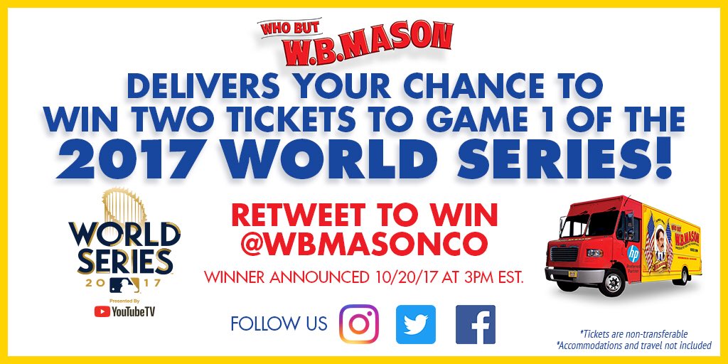 WBMasonCo's tweet photo. RT for chance 2 WIN 2 Tix to GAME 1 of the #WorldSeries by 3pm EST 10/20!! #Postseason #whobut https://t.co/w5YVs7UMQt