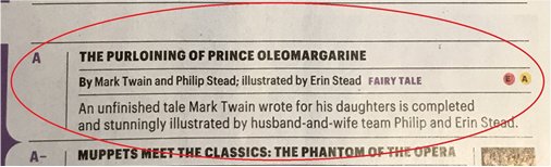 FolioJr's tweet photo. Entertainment Weekly gives NYT Bestseller THE PURLOINING OF PRINCE OLEOMARGARINE an “A”! @EW #MarkTwain #PhilipStead #ErinStead https://t.co/a8Wyb9muUJ