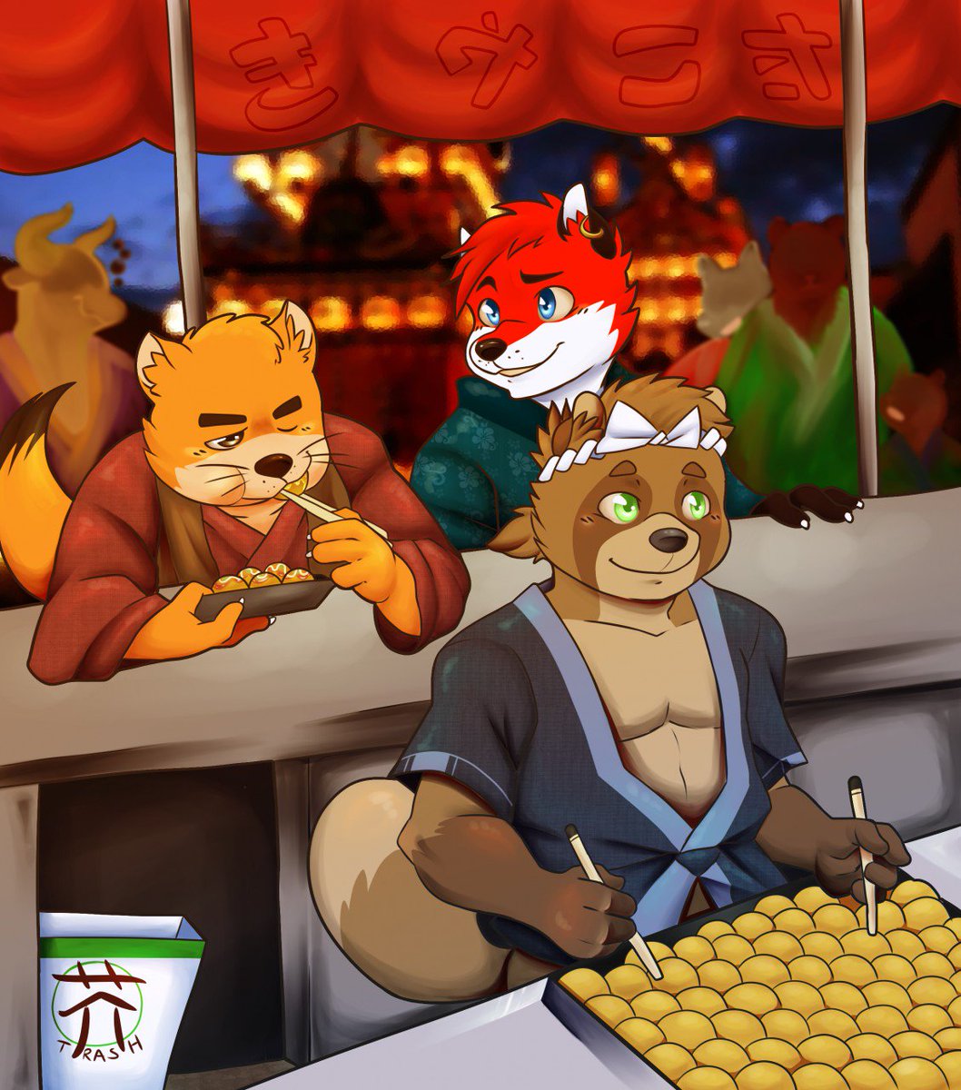 WheelerBertrand's tweet photo. It's #MustelidMonday and here's me (Left) and Thorne-@TheBurlesqueFox  in Tanuki form visiting Japan. I can pack away my takoyaki, can't I? https://t.co/kNc3fTaXDx