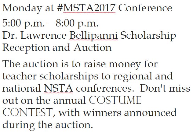 MSTA_Teachers's tweet photo. Monday at #MSTA2017 Conference 5:00 p.m.โ8:00 p.m.
Dr. Lawrence Bellipanni Scholarship Reception and Auction https://t.co/gKvmPZZah5