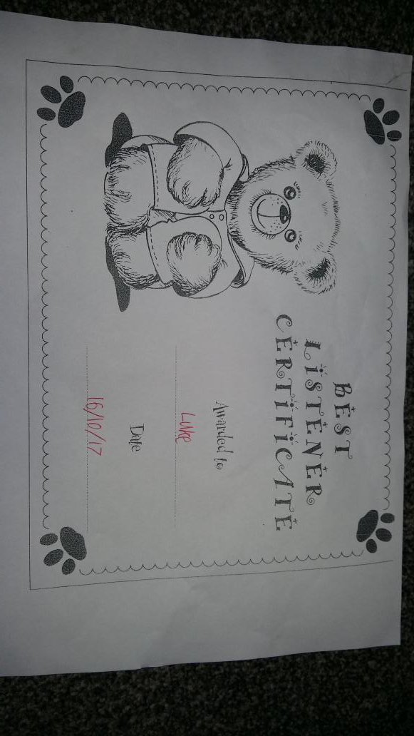 sherrylsanders3's tweet photo. Luke was so chuffed with his Best Listener Certificate bless him. I think the smile says it all 😀 #Mammy'sboy #Lukeybear 🐻 💙 #cleverboy https://t.co/Ei50Nf5kmo