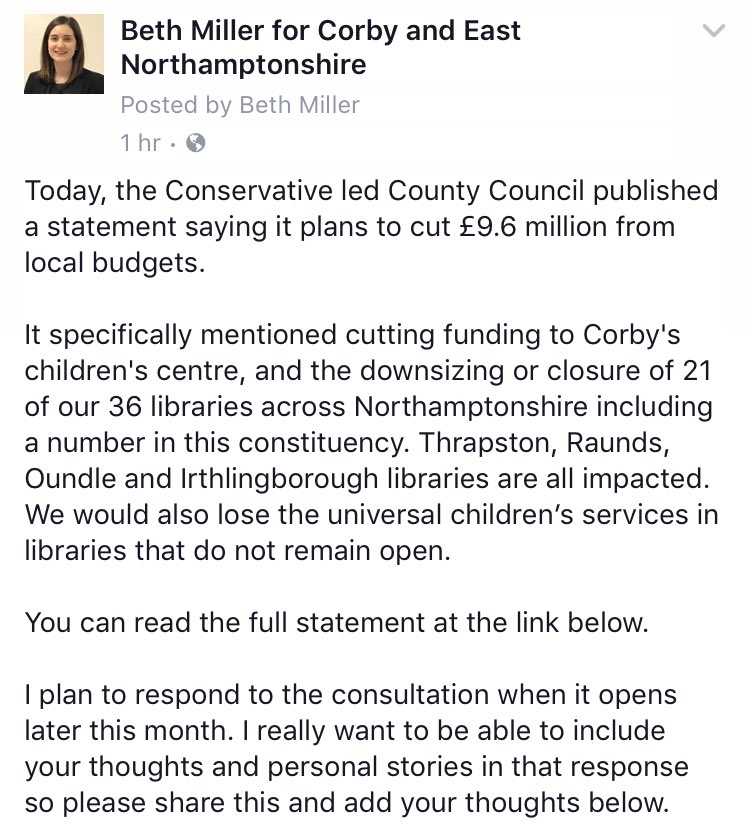Beth_M_Miller's tweet photo. Northants County Council plan to cut £9.6 mil from local services. This impacts 21 libraries and many children's centres. More info below. https://t.co/GwpNxlEupI