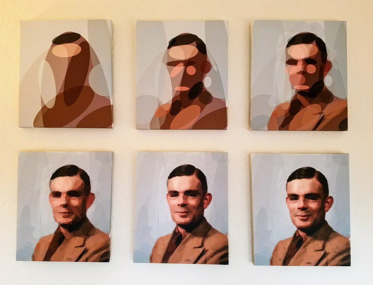 jeremyjkun's tweet image. I made an art thing. It's Alan Turing algorithmically approximated by ellipses, in six panels.
