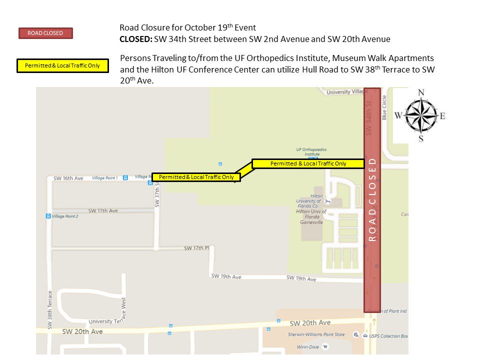 GainesvillePD's tweet photo. OCTOBER 19 ROAD CLOSURES: A portion of SW 34th Street will be CLOSED on October 19:  https://t.co/o37xfV9pRW https://t.co/HFEyWqaPzh