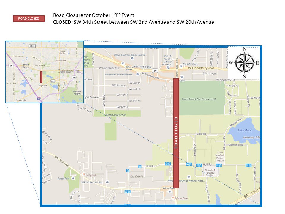 GainesvillePD's tweet photo. OCTOBER 19 ROAD CLOSURES: A portion of SW 34th Street will be CLOSED on October 19:  https://t.co/o37xfV9pRW https://t.co/HFEyWqaPzh